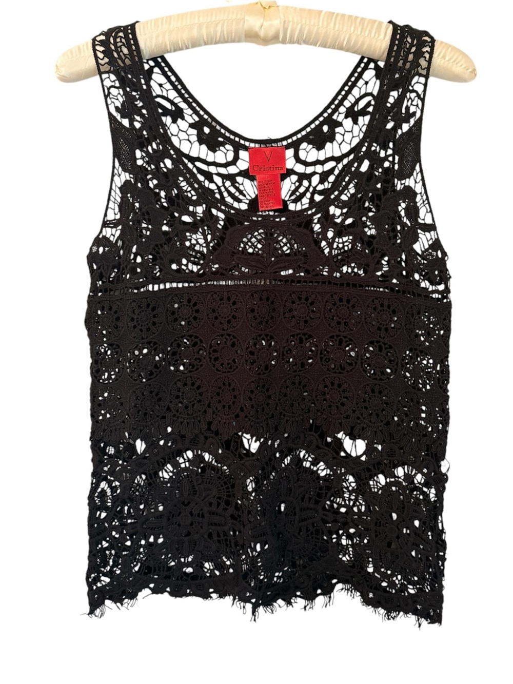V Cristina Black Crochet Lace Tank Top Boho Festival Size L